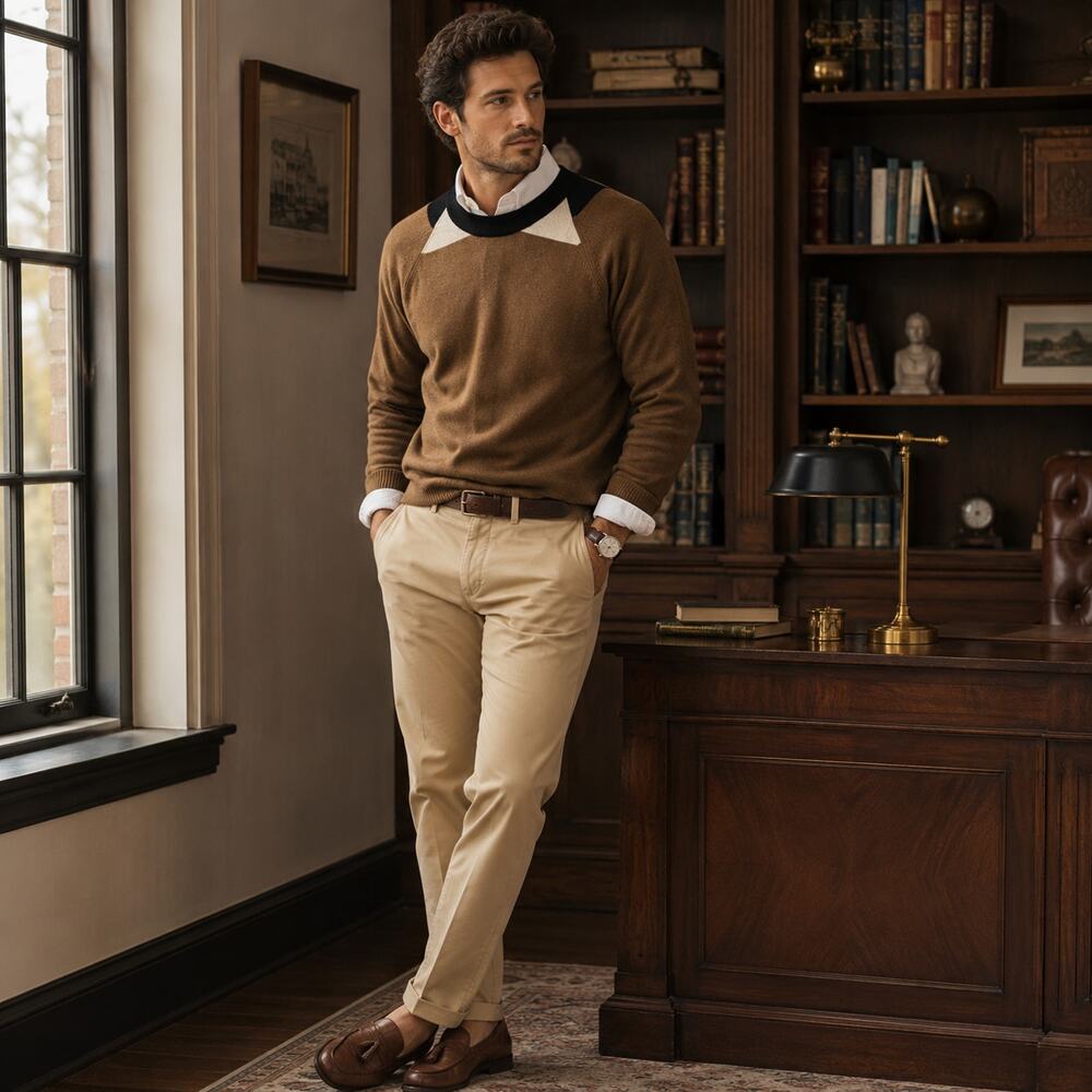 Sabre English Sweater Mens M Brown Lambswool Colorblock Crewneck Preppy Knit